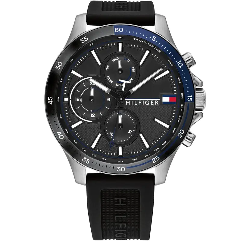 1791724-tommy-hilfiger-watch-men-black-dial-rubber-strap-quartz-analog-day-date-month-bank ساعة تومي هيلفيغر للرجال 1791724 - الصورة 1