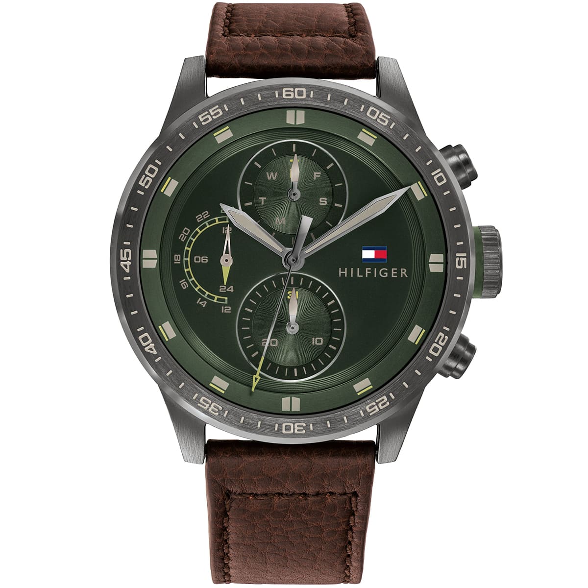 1791809-tommy-hilfiger-watch-men-green-dial-leather-brown-strap-quartz-battery-analog-monthly-weekly-date-gunmetal-trent ساعة تومي هيلفيغر رجالي 1791809 - الصورة 1