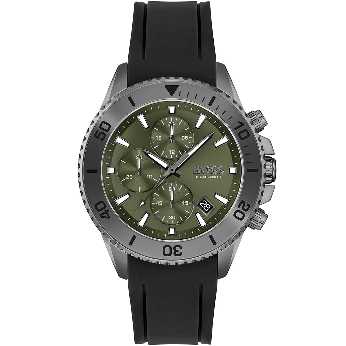 1513967-hugo-boss-watch-10bar-330ft-men-green-dial-rubber-black-strap-quartz-battery-analog-chronograph-admiral ساعة هوجو بوس للرجال 1513967 - الصورة 1