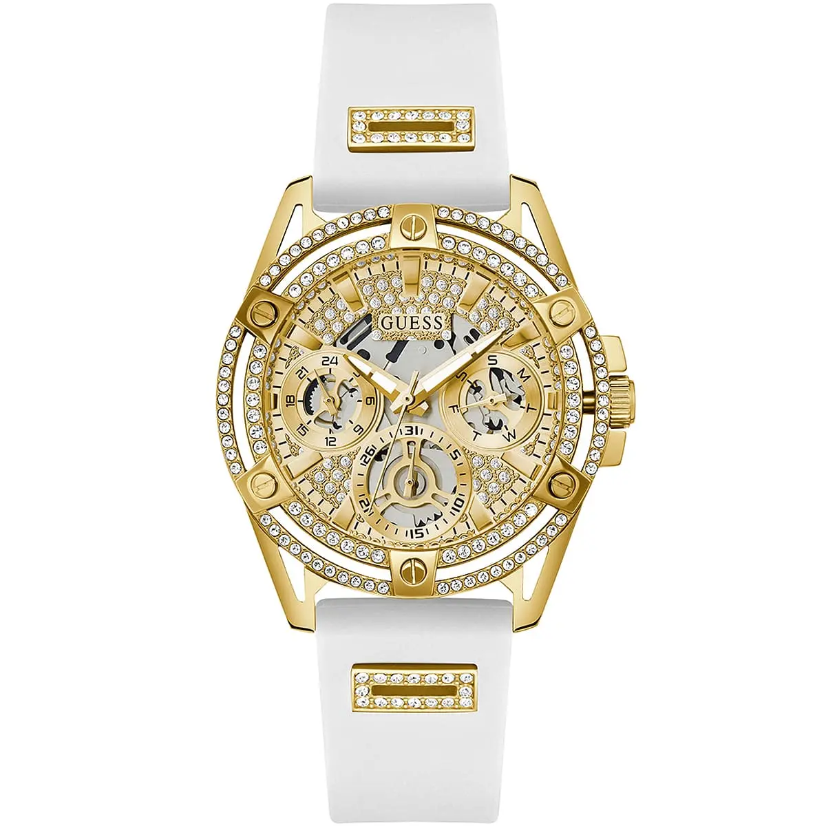 gw0536l2-guess-watch-women-gold-dial-rubber-white-strap-quartz-battery-analog-crystals-queen Guess Women's Watch GW0536L2 - Image 1