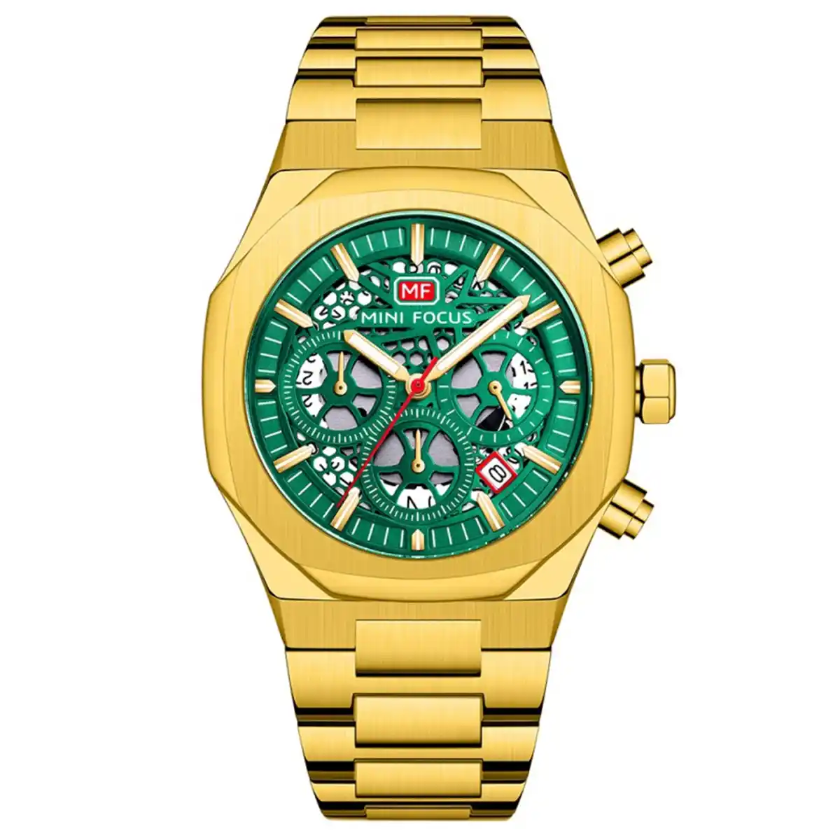 mf0411g-02-mini-focus-men-watch-green-dial-gold-metal-strap-egypt ساعه ميني فوكاس MF0411G.02 - الصورة 1