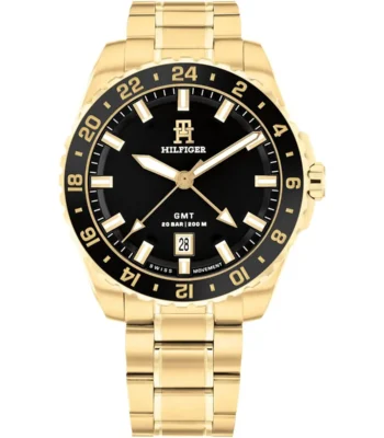 1792133 tommy hilfiger watch 20bar 200m men black dial metal stainless steel gold strap quartz analog th85