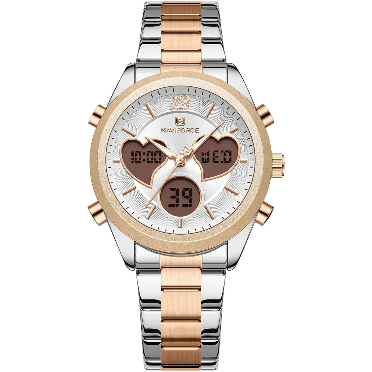 nf5045s-s-w-rg-naviforce-watch-women-white-dial-metal-stainless-steel-silver-rose-gold-strap-quartz-battery-digital-analog-for-dream ساعة نافي فورس للنساء NF5045S-S-W-RG - الصورة 1