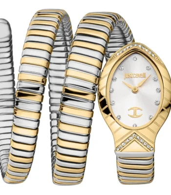 jc1l248m0055 just cavalli watch signature snake women silver dial gold stainless steel strap triple wrap crystals two tone