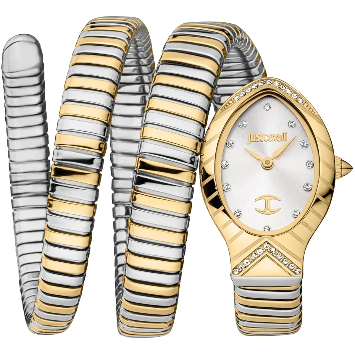 jc1l248m0055-just-cavalli-watch-signature-snake-women-silver-dial-gold-stainless-steel-strap-triple-wrap-crystals-two-tone ساعة جست كافالي Just Cavalli للنساء JC1L248M0055 - الصورة 1