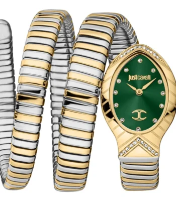 jc1l248m0065 just cavalli watch signature snake women green dial silver gold stainless steel strap triple wrap crystals two tone