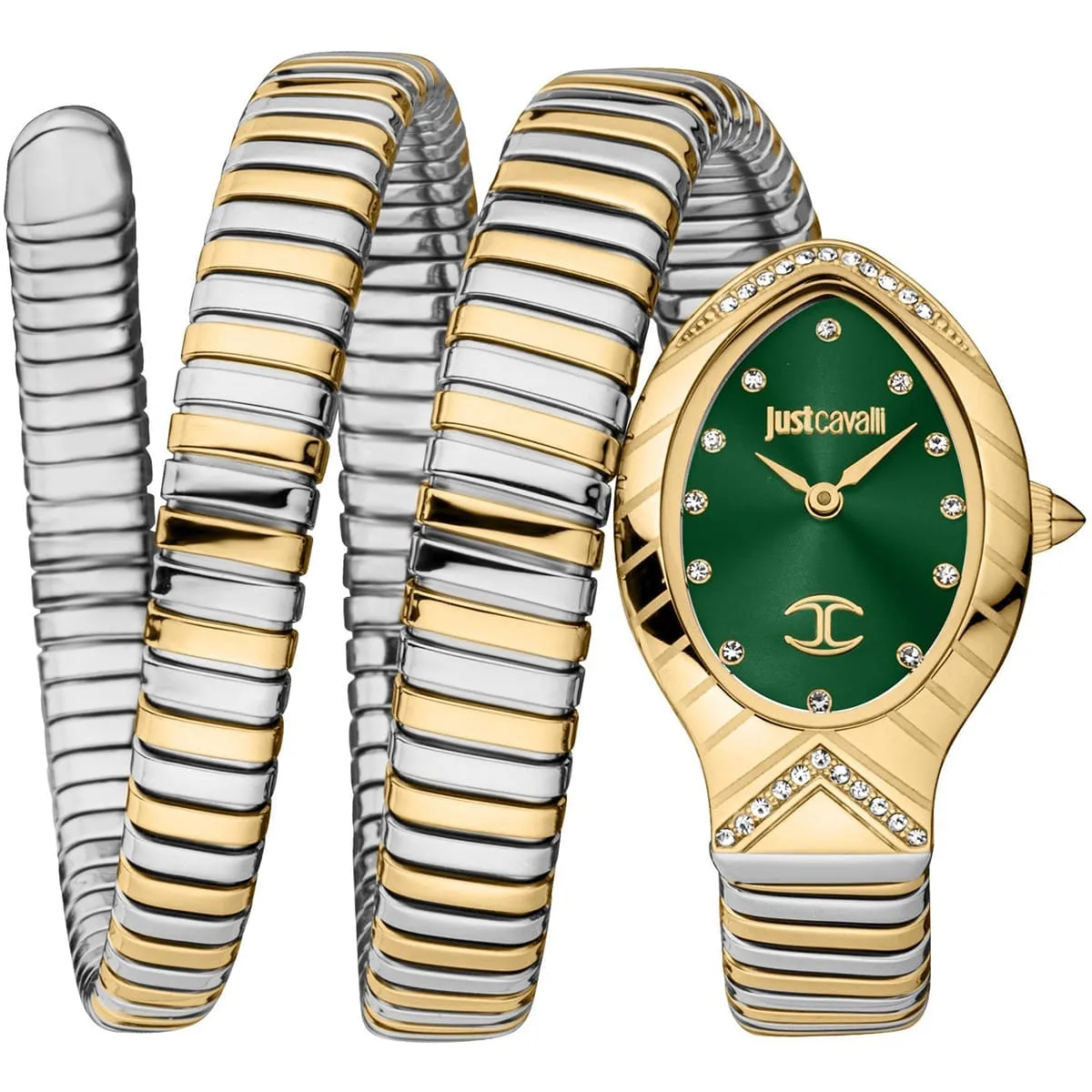 jc1l248m0065-just-cavalli-watch-signature-snake-women-green-dial-silver-gold-stainless-steel-strap-triple-wrap-crystals-two-tone ساعة جست كافالي Just Cavalli للنساء JC1L248M0065 - الصورة 1