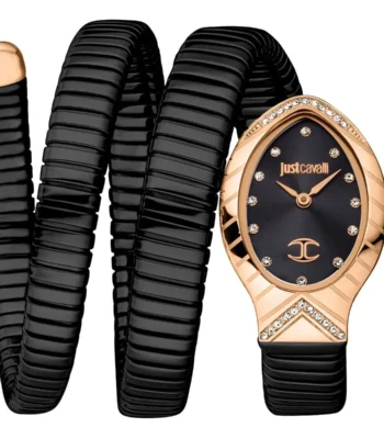 jc1l248m0085 just cavalli watch signature snake women black dial stainless steel strap triple wrap crystals