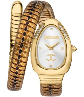 jc1l251m0025 just cavalli watch signature snake women silver dial gold stainless steel strap double wrap bracelet crystals