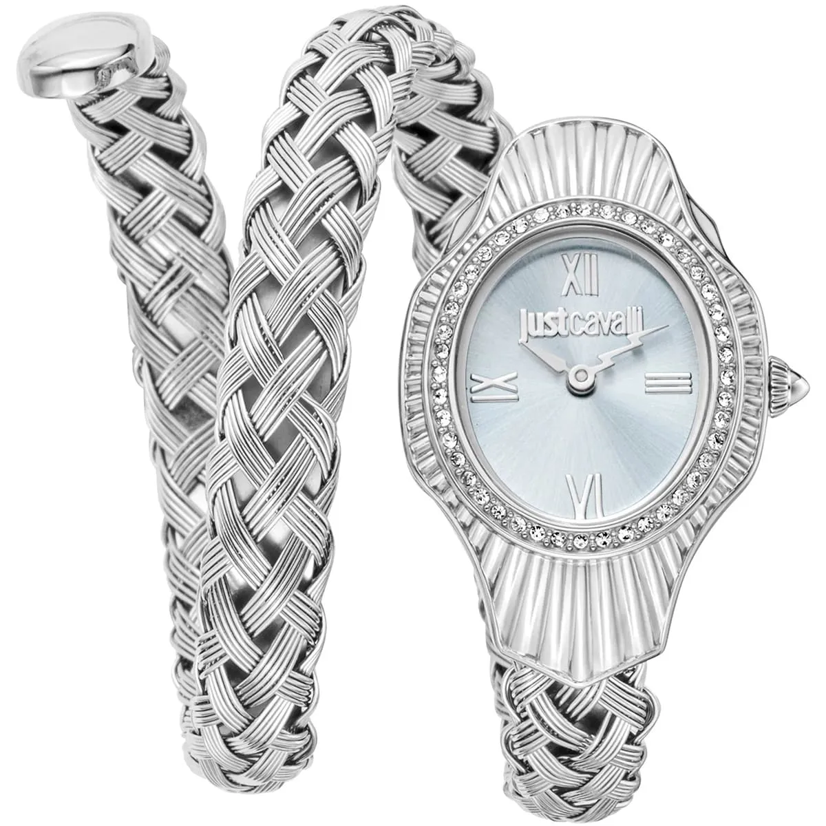 jc1l305m0015-just-cavalli-watch-signature-snake-women-blue-dial-silver-stainless-steel-strap-double-wrap-bracelet-crystals ساعة جست كافالي Just Cavalli للنساء JC1L305M0015 - الصورة 1