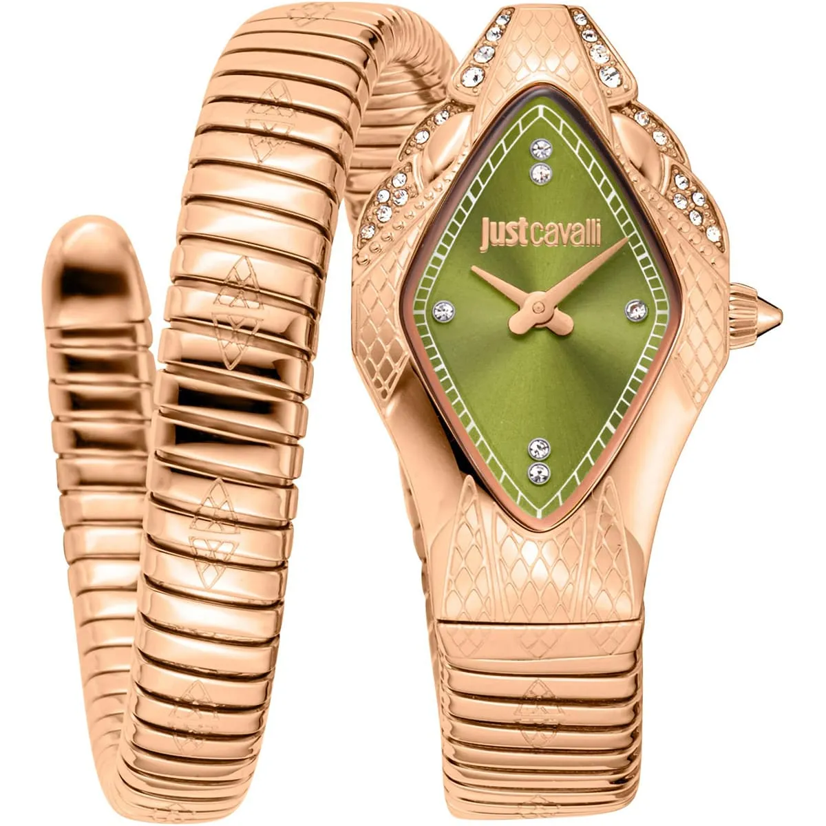 jc1l306m0055-just-cavalli-watch-signature-snake-women-green-dial-rose-gold-stainless-steel-strap-double-wrap-bracelet-crystals ساعة جست كافالي Just Cavalli للنساء JC1L306M0055 - الصورة 1
