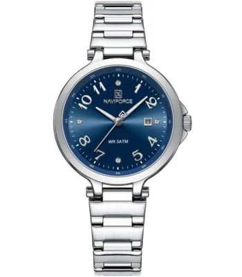nf5033 s be naviforce watch wr 3atm women blue dial stainless steel metal silver strap quartz battery analog three hand for dream