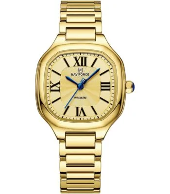 nf5042 g g g naviforce watch wr 3atm women gold dial stainless steel metal golden strap quartz battery square analog three hand for dream
