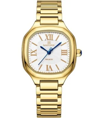 nf5042 g w g naviforce watch wr 3atm women white dial stainless steel metal gold strap quartz battery square analog three hand for dream 1