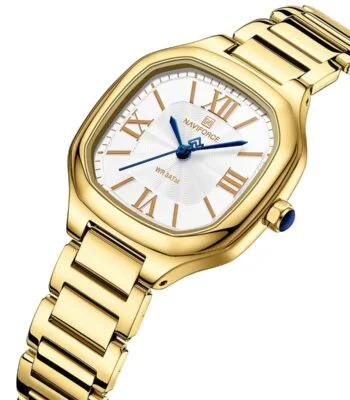 nf5042 g w g naviforce watch wr 3atm women white dial stainless steel metal gold strap quartz battery square analog three hand for dream 2 1