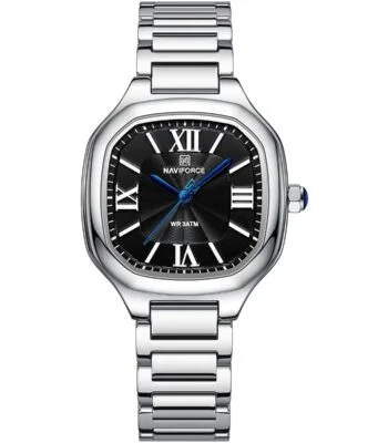 nf5042 s b s naviforce watch wr 3atm women black dial stainless steel metal silver strap quartz battery square analog three hand for dream