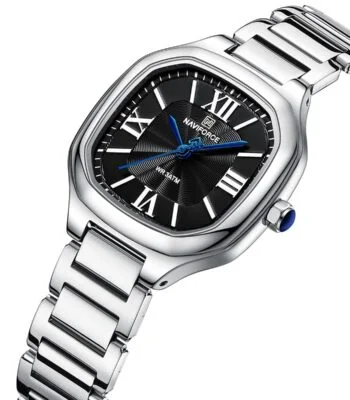 nf5042 s b s naviforce watch wr 3atm women black dial stainless steel metal silver strap quartz battery square analog three hand for dream 2