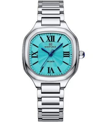 nf5042 s be s naviforce watch wr 3atm women blue dial stainless steel metal silver strap quartz battery square analog three hand for dream
