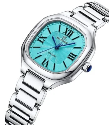 nf5042 s be s naviforce watch wr 3atm women blue dial stainless steel metal silver strap quartz battery square analog three hand for dream 2
