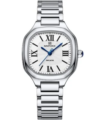 nf5042 s w s naviforce watch wr 3atm women white dial stainless steel metal silver strap quartz battery square analog three hand for dream