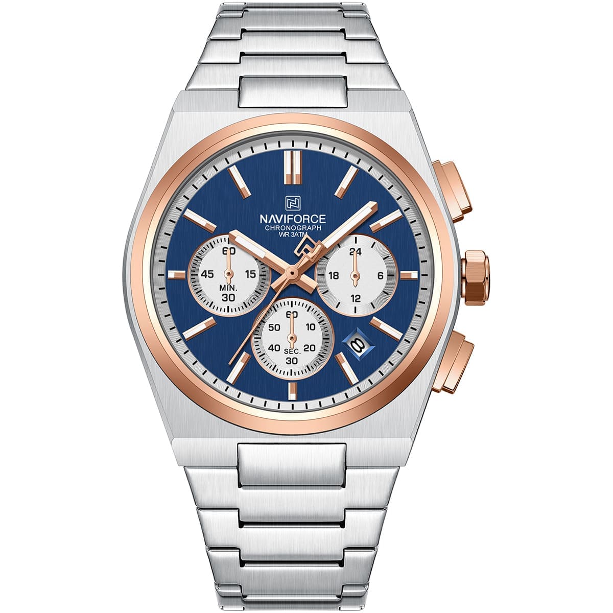 nf8048g-s-be-rg-naviforce-watch-men-blue-dial-stainless-steel-metal-silver-strap-quartz-battery-analog-chronograph-for-dream ساعة نافي فورس للرجال NF8048G-S-BE-RG - الصورة 1