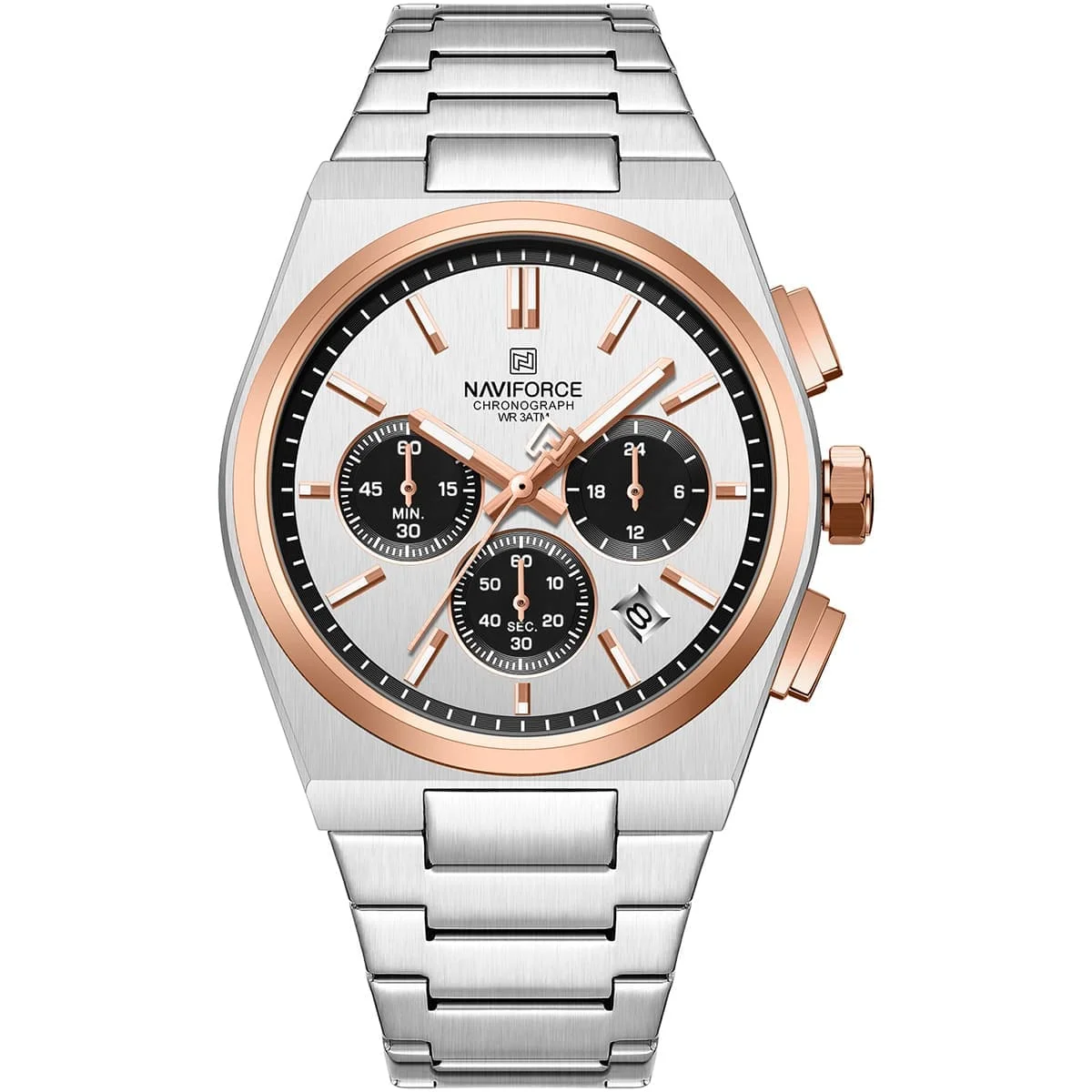 nf8048g-s-w-rg-naviforce-watch-men-white-dial-stainless-steel-metal-silver-strap-quartz-battery-analog-chronograph-for-dream ساعة نافي فورس للرجال NF8048G-S-W-RG - الصورة 1