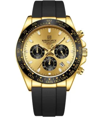 nf8054 g g b naviforce watch chronograph wr 3atm men gold dial rubber black strap quartz battery analog for dream