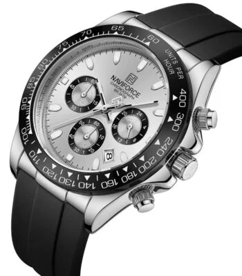 nf8054 s w b naviforce watch chronograph wr 3atm men silver dial rubber black strap quartz battery analog for dream 2