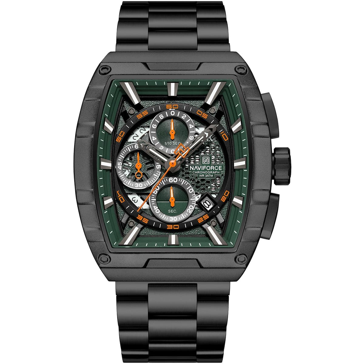 nf8066-b-gn-b-naviforce-watch-chronograph-wr-3atm-men-square-green-dial-metal-stainless-steel-black-strap-quartz-battery-analog-for-dream ساعة نافي فورس للرجال NF8066-B-GN-B - الصورة 1