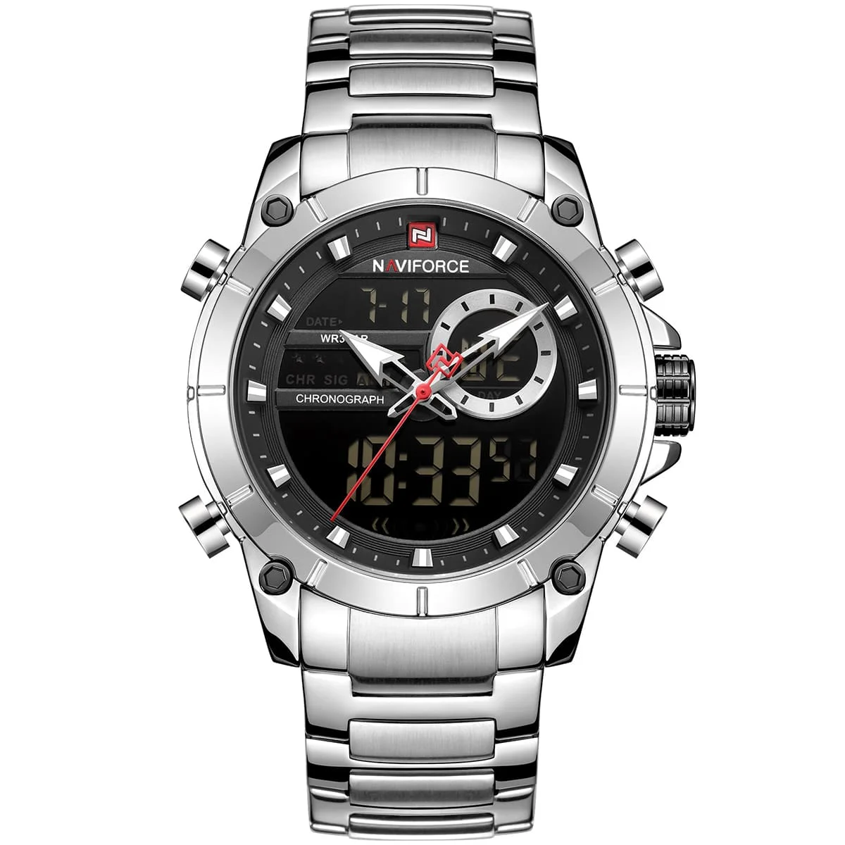 nf9163-s-b-naviforce-watch-men-black-dial-metal-silver-strap-quartz-battery-digital-analog-chronograph-wr-3atm-for-dream ساعة نافي فورس رجالي NF9163-S-B - الصورة 1
