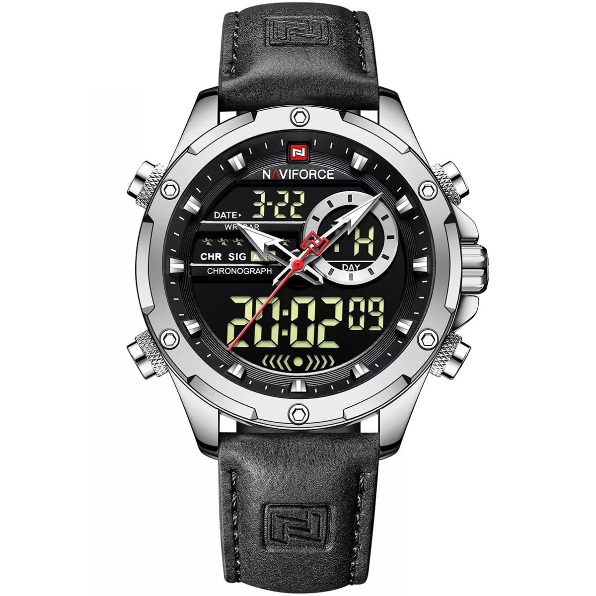 nf9208-s-b-b-naviforce-watch-men-black-dial-leather-strap-quartz-battery-digital-analog-chronograph-for-dream ساعة نافي فورس رجالي NF9208-S-B-B - الصورة 1