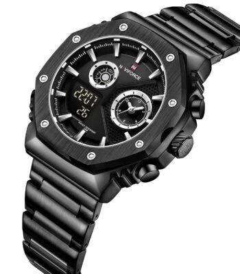 nf9216s b b naviforce watch water resistant 30m men black dial stainless steel metal strap quartz battery digital analog three hand for dream 2
