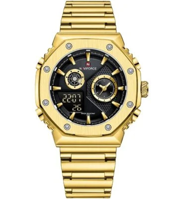nf9216s g b naviforce watch water resistant 30m men black dial stainless steel metal gold strap quartz battery digital analog three hand for dream