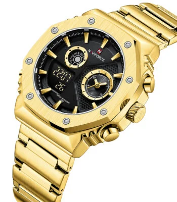 nf9216s g b naviforce watch water resistant 30m men black dial stainless steel metal gold strap quartz battery digital analog three hand for dream 2