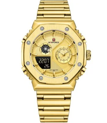 nf9216s g g naviforce watch water resistant 30m men gold dial stainless steel metal golden strap quartz battery digital analog three hand for dream