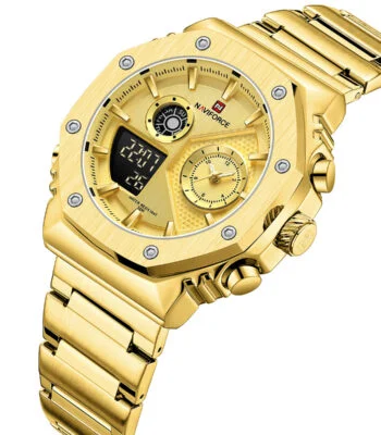 nf9216s g g naviforce watch water resistant 30m men gold dial stainless steel metal golden strap quartz battery digital analog three hand for dream 2