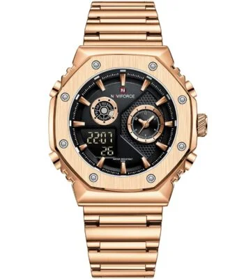 nf9216s rg b naviforce watch water resistant 30m men black dial stainless steel metal rose gold strap quartz battery digital analog three hand for dream