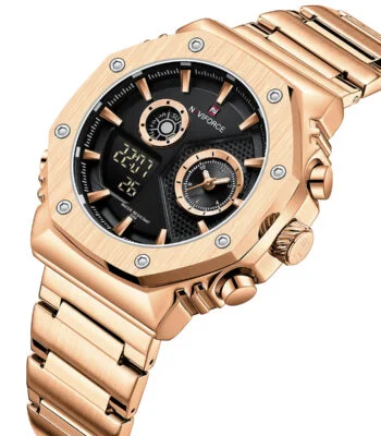 nf9216s rg b naviforce watch water resistant 30m men black dial stainless steel metal rose gold strap quartz battery digital analog three hand for dream 2