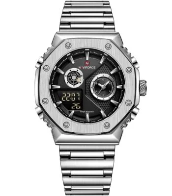 nf9216s s b naviforce watch water resistant 30m men black dial stainless steel metal silver strap quartz battery digital analog three hand for dream