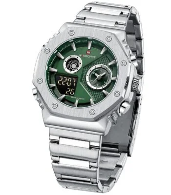 nf9216s s gn naviforce watch water resistant 30m men green dial stainless steel metal silver strap quartz battery digital analog three hand for dream 3