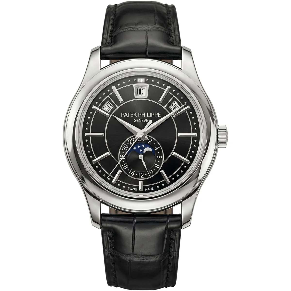 patek-philippe-men-nautilus-black-dial-leather-watch ساعة باتيك فيليب أنوال كاليندر مون فيز رجالي - الصورة 1