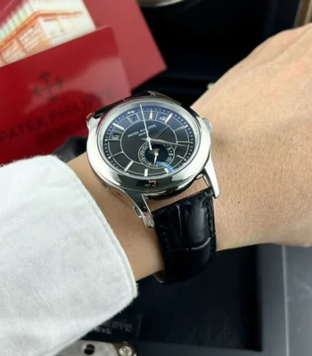 patek philippe men nautilus black dial leather watch 2
