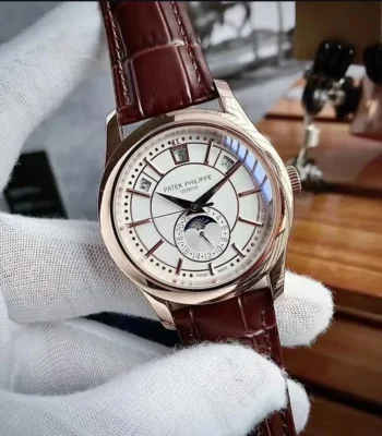 patek philippe men rose gold moon phase white dial watch 7